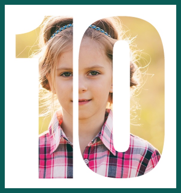 Online Einladungskarte zum 10. Geburtstag mit grosser ausgeschnittenen Zahl 10 für ein eigenes Foto. Grün.