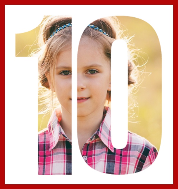 Online Einladungskarte zum 10. Geburtstag mit grosser ausgeschnittenen Zahl 10 für ein eigenes Foto. Rot.