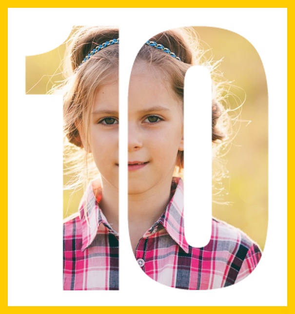 Online Einladungskarte zum 10. Geburtstag mit grosser ausgeschnittenen Zahl 10 für ein eigenes Foto. Gelb.