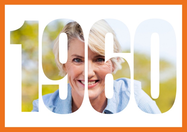 Online Einladungskarte mit ausgeschnittener Jahreszahl 2060 für Geburtstagseinladungen mit eigenem Foto Orange.