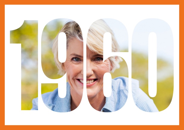 1960 geboren quer - Orange - 60. Geburtstag Online Einladungskarte mit ausgeschnittener Jahreszahl 2060 für Geburtstagseinladungen mit eigenem Foto Orange.