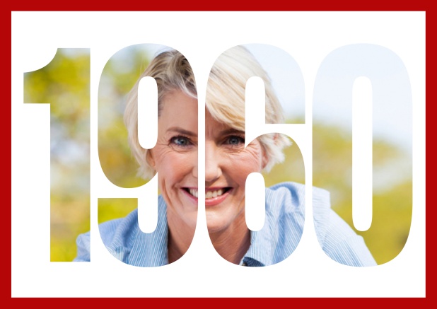 1960 geboren quer - Rot - 60. Geburtstag Online Einladungskarte mit ausgeschnittener Jahreszahl 2060 für Geburtstagseinladungen mit eigenem Foto Rot.