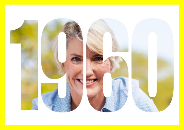 Online Einladungskarte mit ausgeschnittener Jahreszahl 2060 für Geburtstagseinladungen mit eigenem Foto Gelb.
