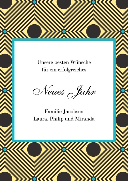 Online Grusskarte für Neujahrswünsche mit Rahmen im Pfau Muster.