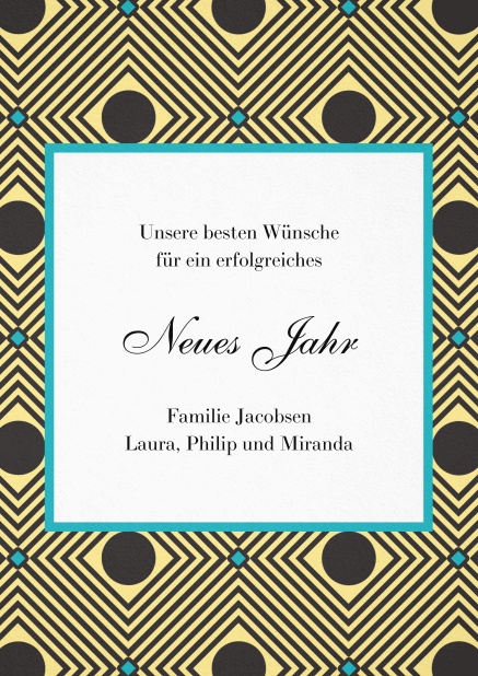 Grusskarte für Neujahrswünsche mit Rahmen im Pfau Muster.