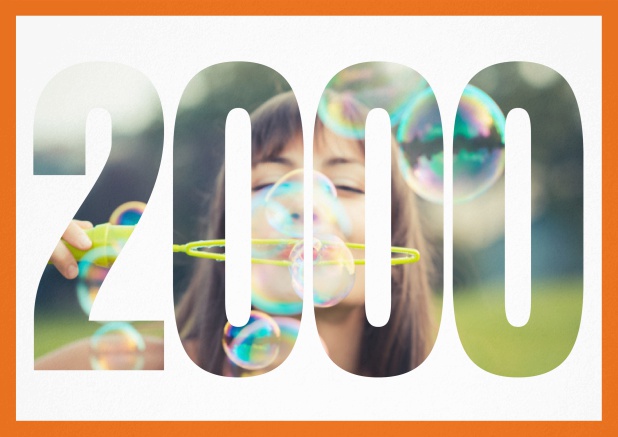 Born 2000 landscape - Orange - 20th Birthday Paper invitation card with cut out 2000 for own photo and text. Orange.