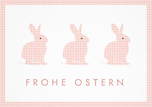 Frohe Ostern wünschen mit Osterkarte mit 3 süßen Osterhasen. Rosa.