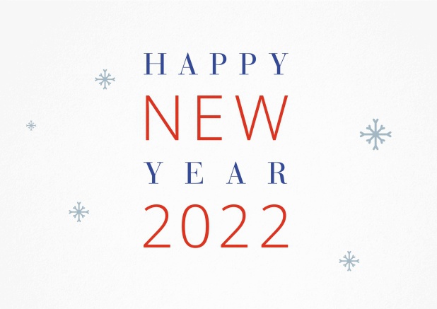 Greeting card with red and blue Happy New Year 2022 text.