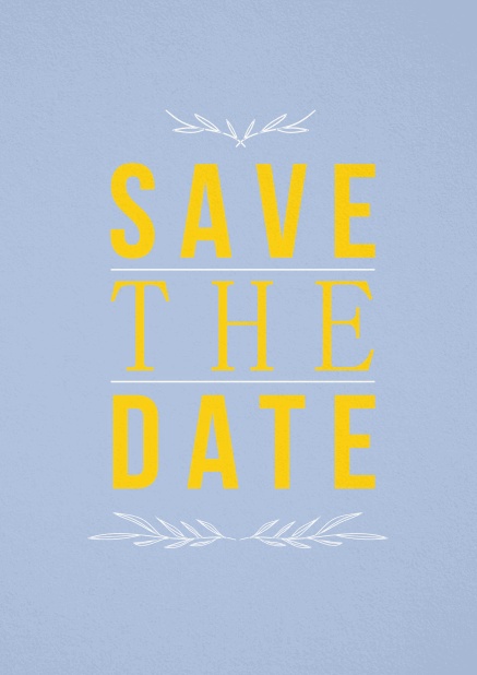 Save the Date card with illustrated yellow text on light blue card