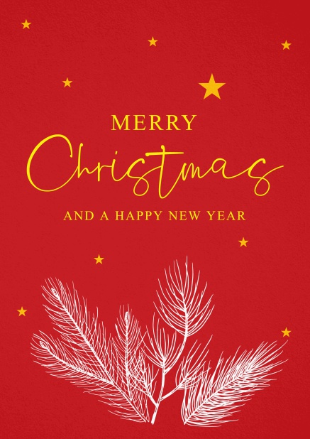 Red Holiday Card with illustrated white branches with golden star