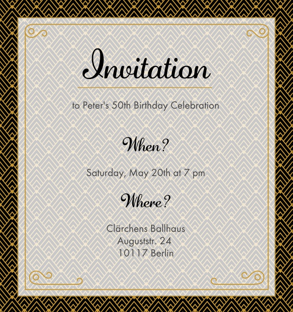 Online Invitation card with golden Art Deco design shining through the text section. Black.