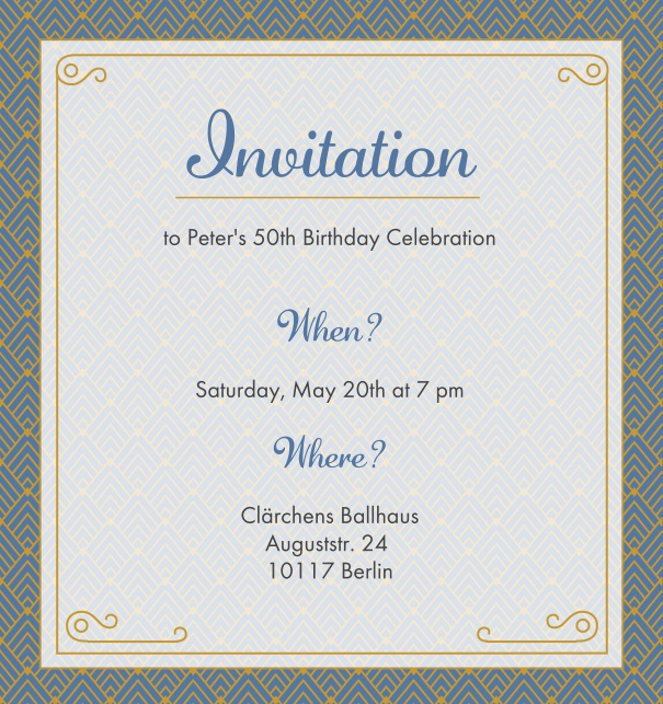 Online Invitation card with golden Art Deco design shining through the text section. Blue.