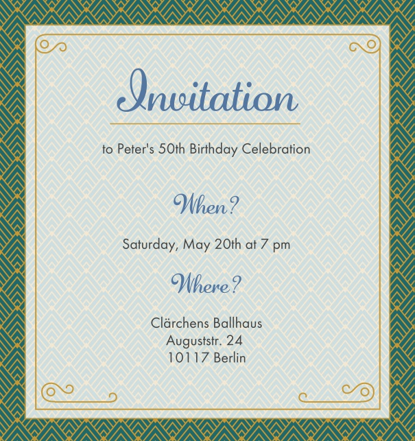 Online Invitation card with golden Art Deco design shining through the text section. Green.