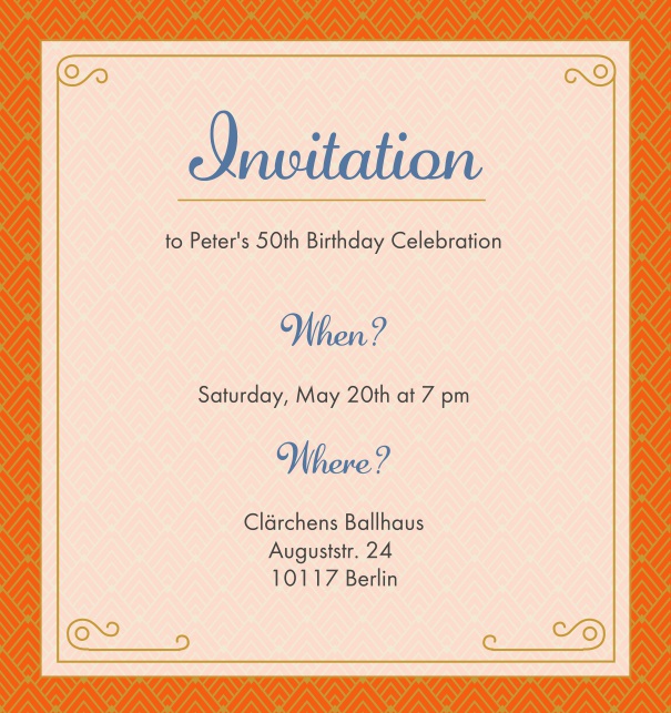 Online Invitation card with golden Art Deco design shining through the text section. Orange.