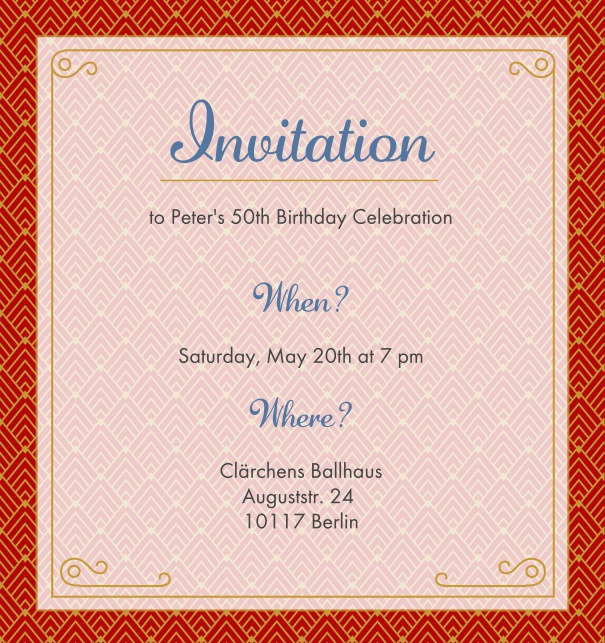 Online Invitation card with golden Art Deco design shining through the text section. Red.