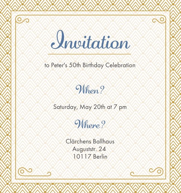 Online Invitation card with golden Art Deco design shining through the text section. White.