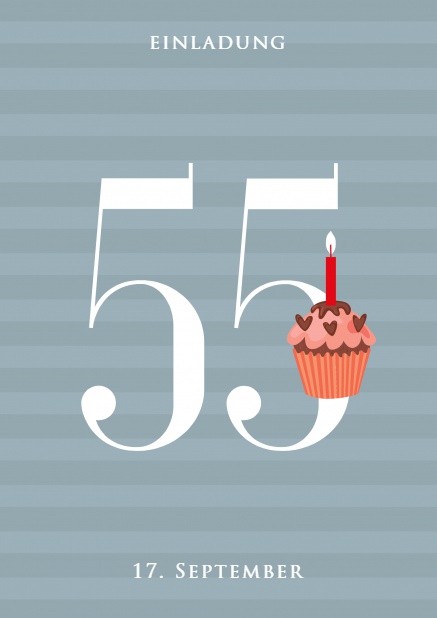 55 mit Cupcake - Grau - 50. Jubiläum Online Einladungskarte mit 55 und Cupcake Grau.