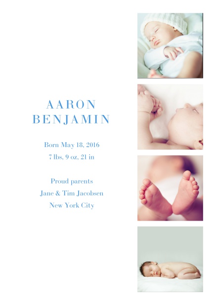 Online Birth announcement with four photos and editbale text. Blue.