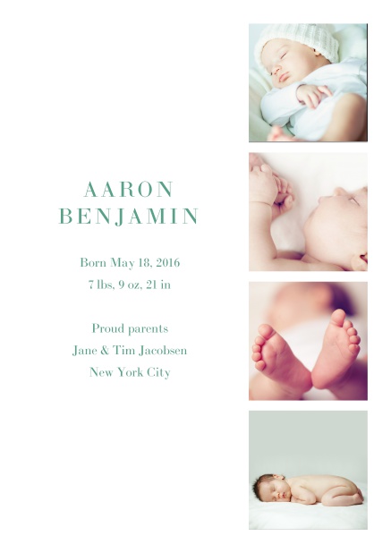 Online Birth announcement with four photos and editbale text. Green.
