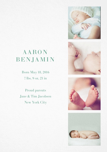 Fotokarte für Geburtsanzeige mit Fotofeld für vier Fotos und veränderbarem Textfeld links. Grün.