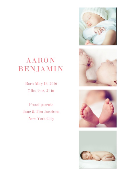 Online Birth announcement with four photos and editbale text. Pink.