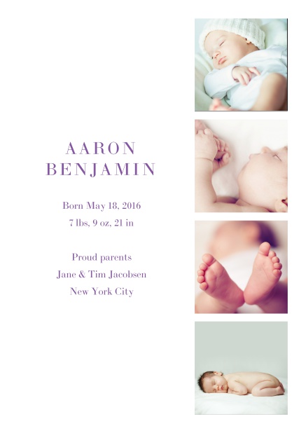 Online Birth announcement with four photos and editbale text. Purple.