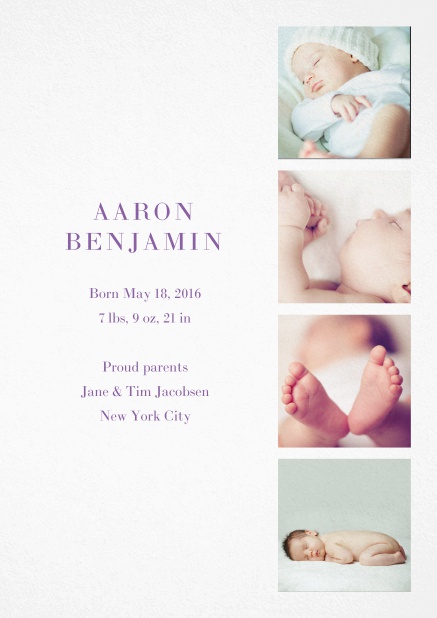 Fotokarte für Geburtsanzeige mit Fotofeld für vier Fotos und veränderbarem Textfeld links. Lila.