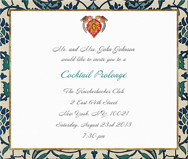 Square white party invitation template with floral and geometric border and header.
