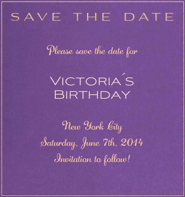 High Purple Spring Themed Seasonal Birthday Save the Date Card with gold text.