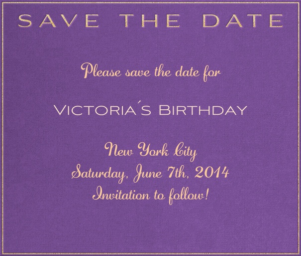 Purple Spring Themed Seasonal Birthday Save the Date Card with gold text.