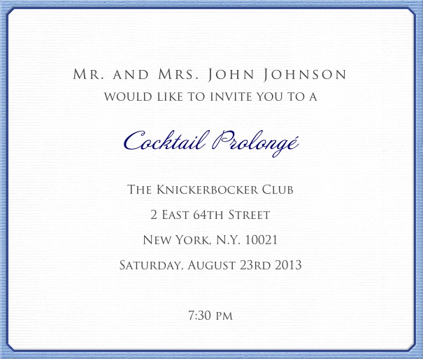 White, classic Invitation Card with blue border.