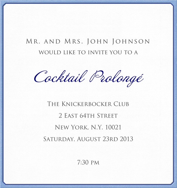 Klassische Online Einladungskarte mit blauem Rahmen und mit dunkelgrauem Rand.