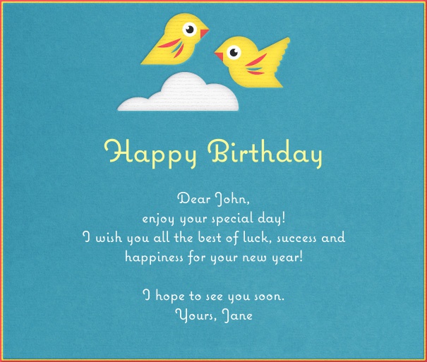 Turquoise Children's Card with two Birds and cloud.