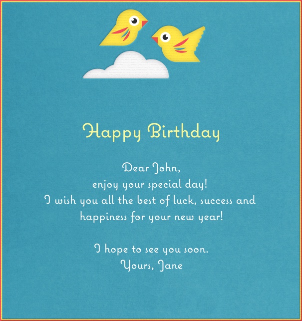 High Turquoise Children's Card with two Birds and cloud.