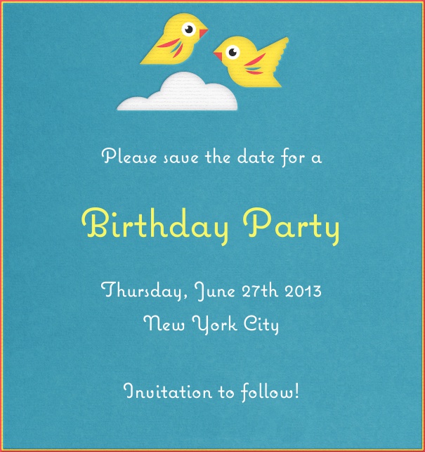 High format Turquoise Birthday & Anniversary Save the Date Design with yellow birds.