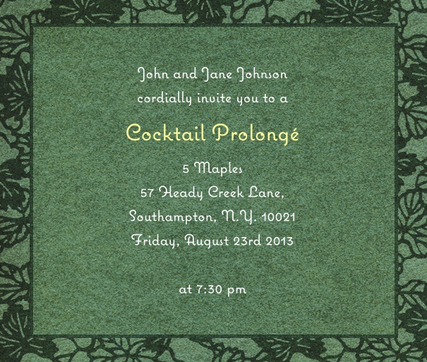 Grüne Einladungskarte in Quadratformat mit grpnem Rand und Blumendekoration.