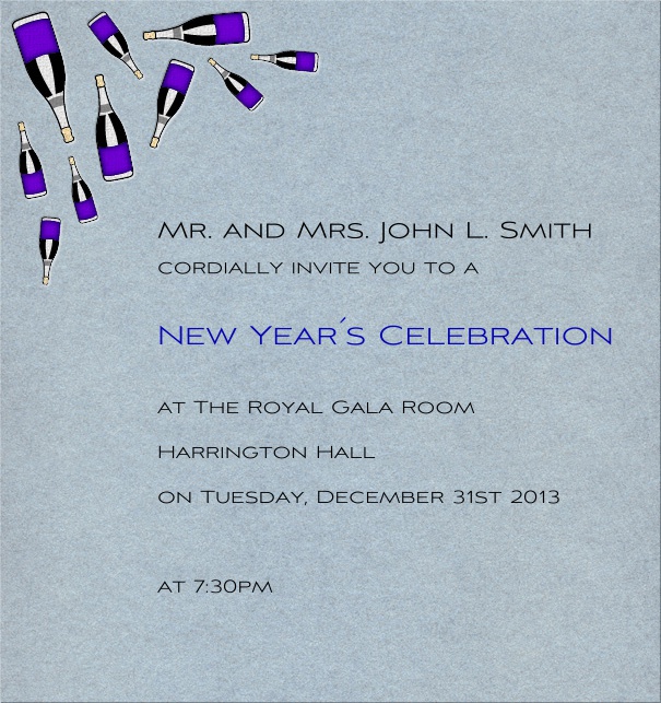 Grey blue Celebration invitation card in high format with artsy colorful champagne bottles on left side of card.