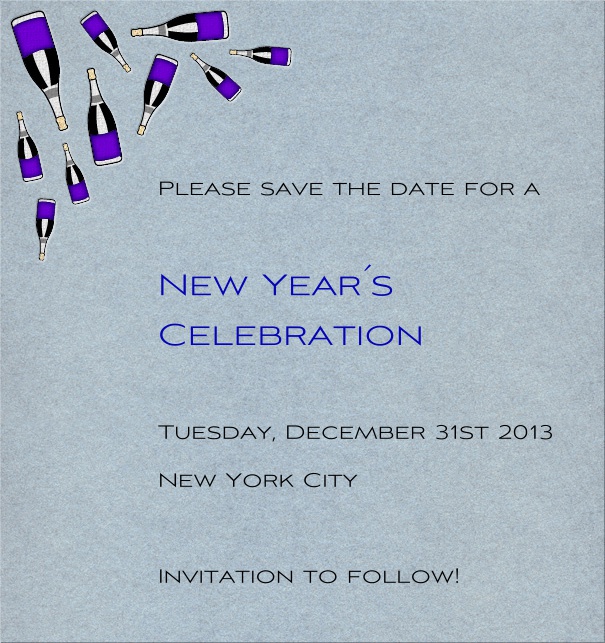 High Grey Celebration Save the Date Template with purple champagne bottles.