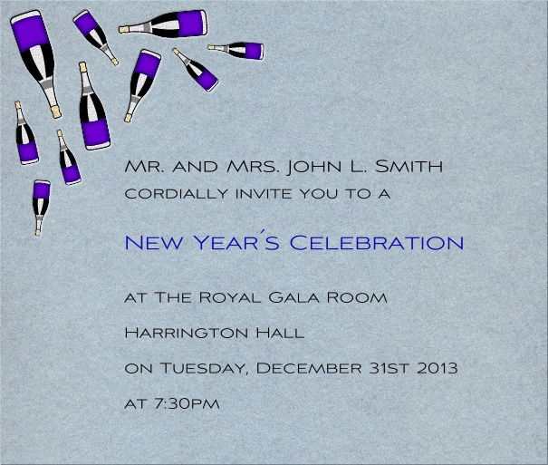 Grey blue Celebration invitation card in square format with artsy colorful champagne bottles on left side of card.