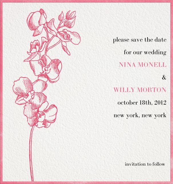 Save the Date Karte mit rosafarbenen Rand und Blume.