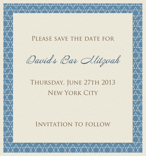 Beige Bar Mitzvah oder Bat Mitzvah Save the Date Karte mit Davidsternen auf dem blauen Rand.