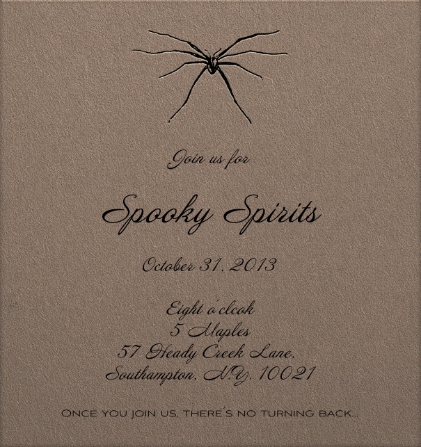 Braune Einladungskarte für diverse Feierlichkeiten mit schwarzer Spinne.