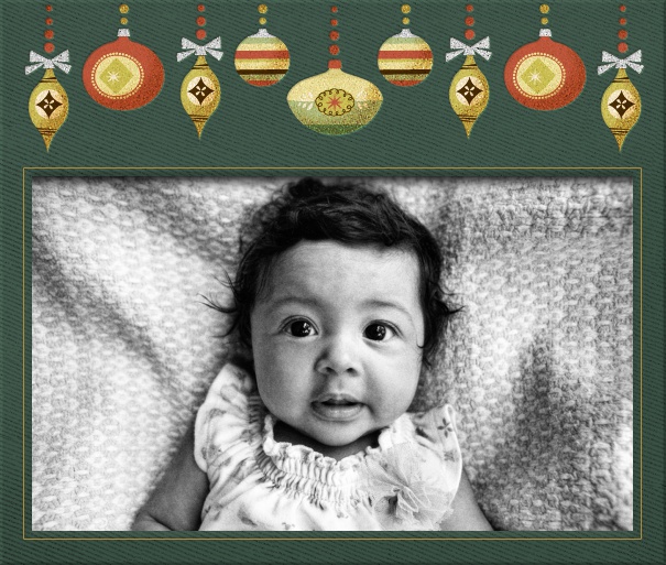 Green Christmas Photo card for Online Cards with Christmas ornaments.