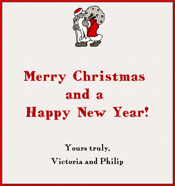 Portrait Christmas card with red border and Santa Claus illustration.