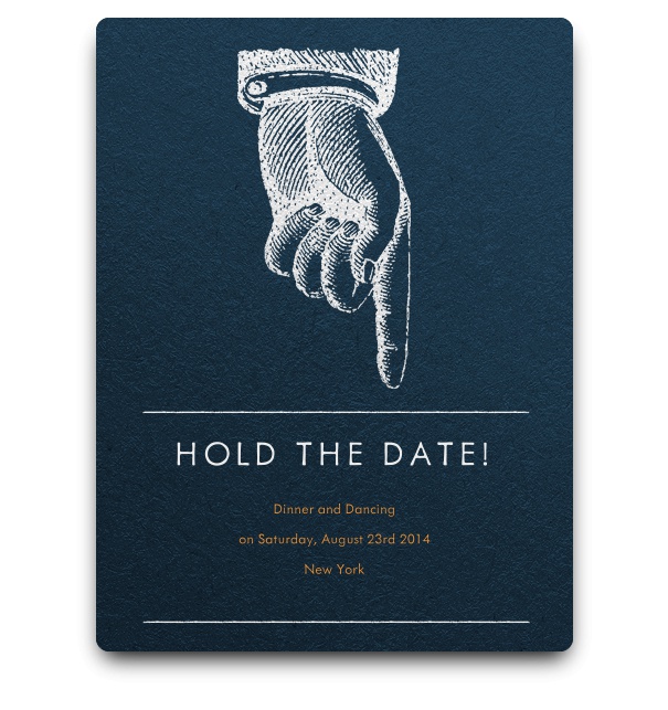 Dark blue Save the Date online card with pointing finger and light shadows.