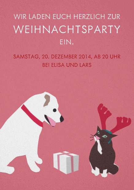 Rosa Weihnachtskarte mit Hund und Katze gestaltet von La Familia Green.