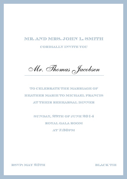 Invitation card with golden border including a dotted line for name of recipient. Blue.