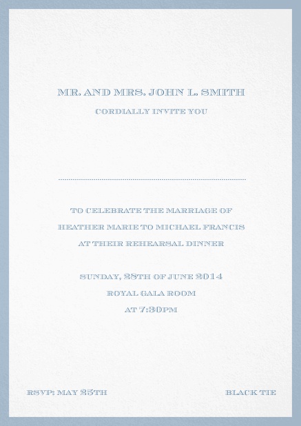 Invitation card with golden border including a dotted line for name of recipient. Blue.