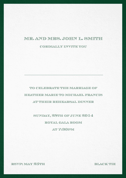 Invitation card with golden border including a dotted line for name of recipient. Green.