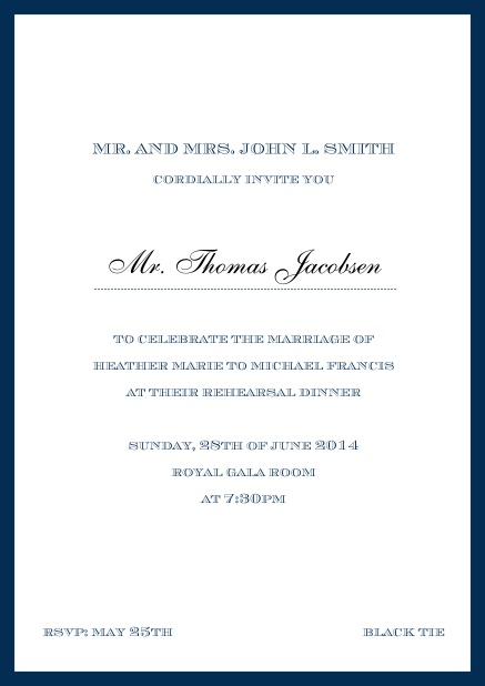 Invitation card with golden border including a dotted line for name of recipient. Navy.